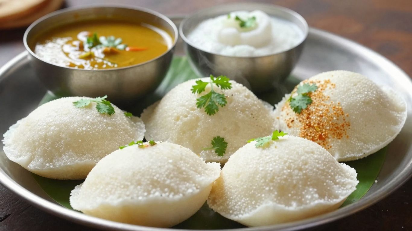 South Indian breakfast spread with idli, dosa, sambar, and chutney.