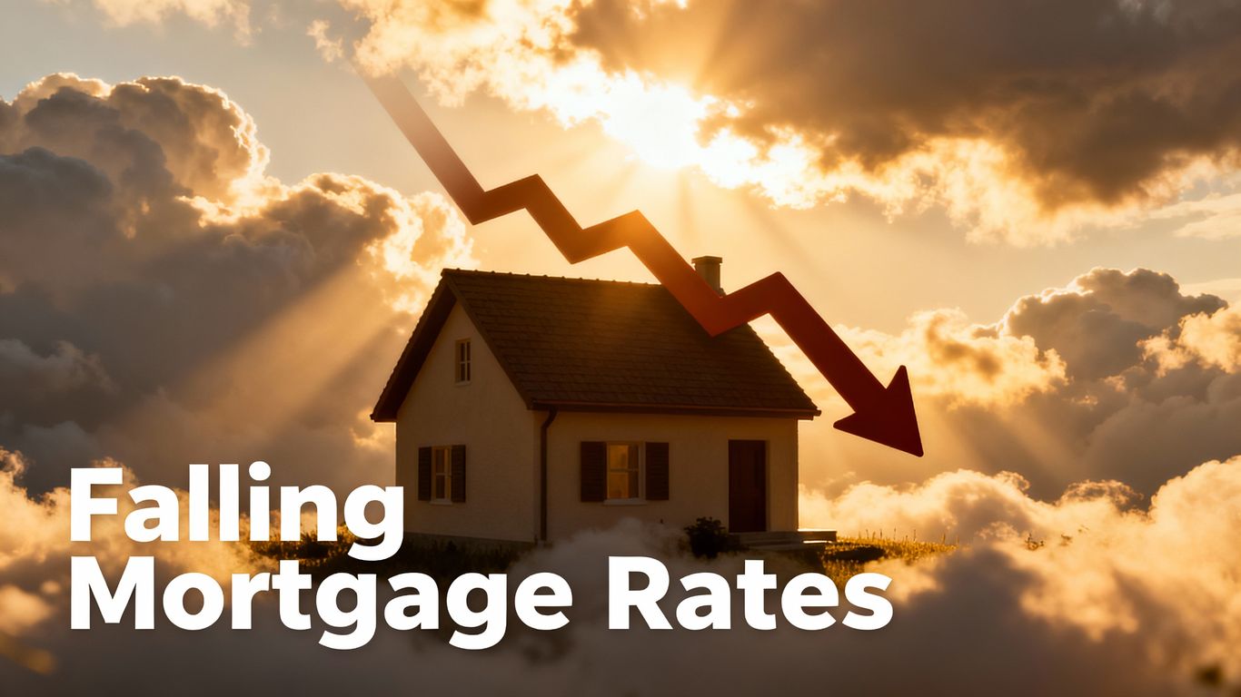House with falling mortgage rate arrow and hopeful sunlight.