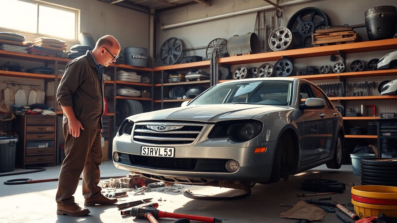 Chrysler car parts and mechanic in a repair shop.