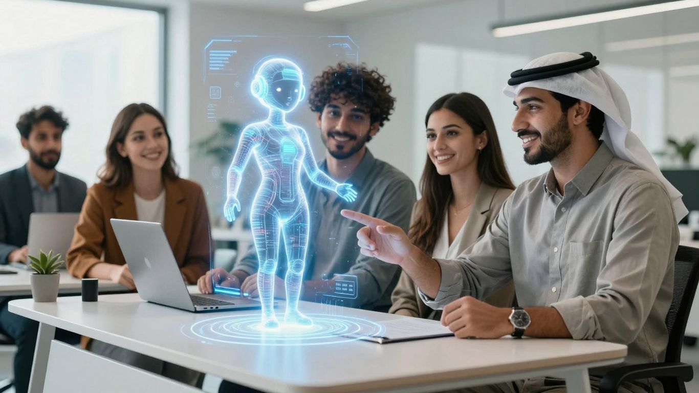 AI agent assisting happy customers in an office.