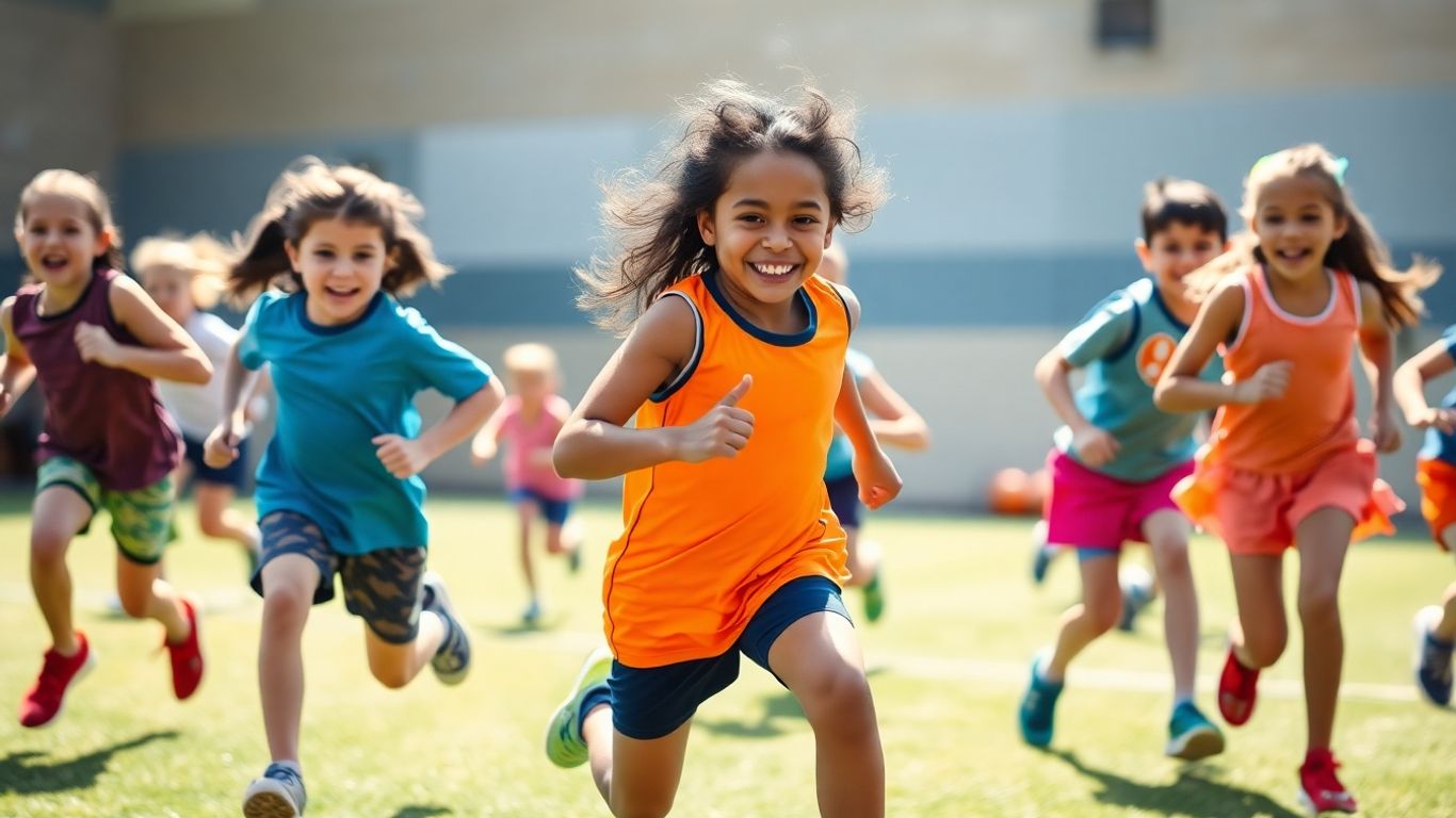 Kinder spielen dynamisches Laufspiel im Sportunterricht