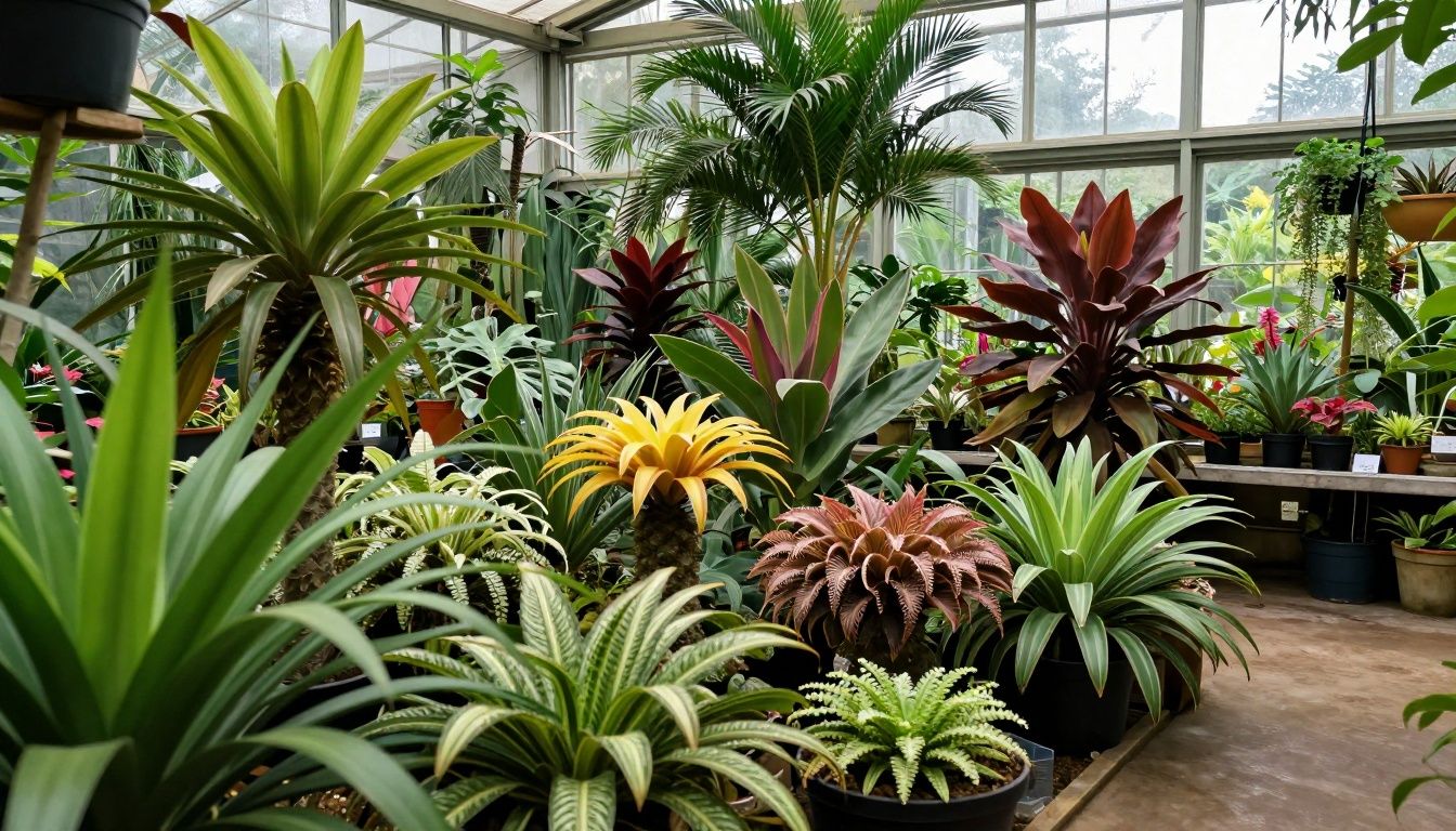Coleção de plantas raras e exóticas reunidas em um jardim botânico, com diferentes formas, cores e tamanhos, evidenciando sua diversidade e singularidade
