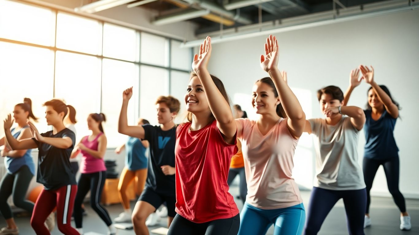 Sch&uuml;ler trainieren motiviert in einer modernen Fitnessstunde.