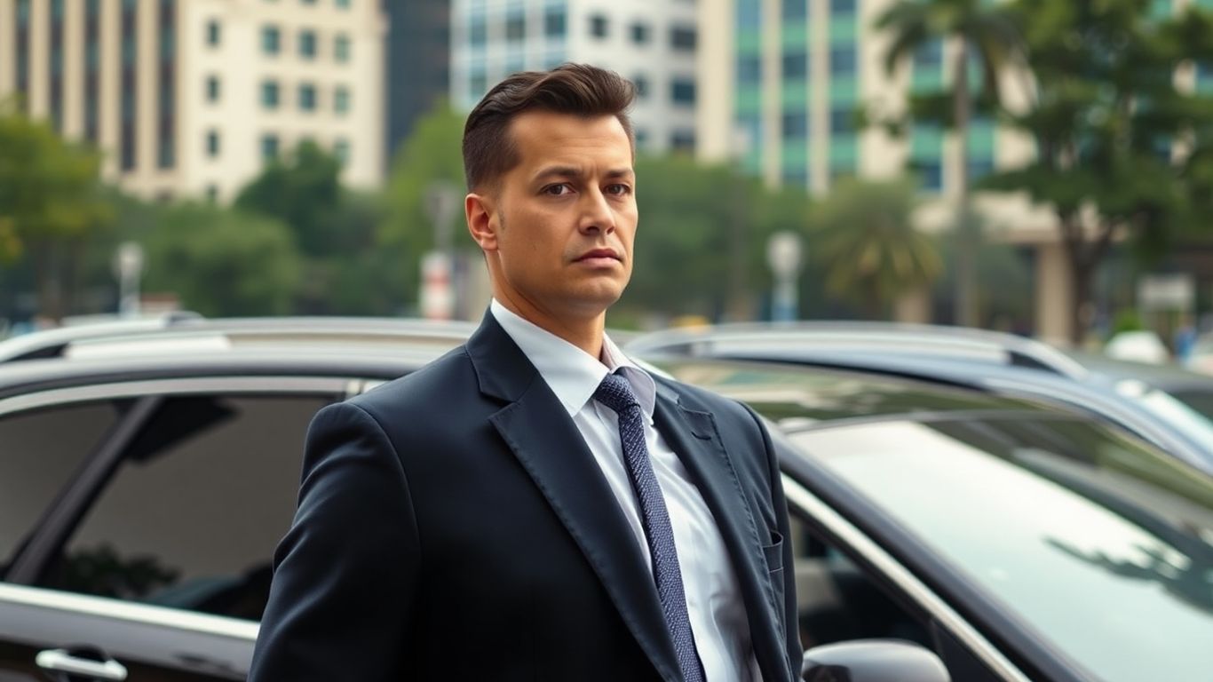 Professional bodyguard guarding executive in Jakarta cityscape.