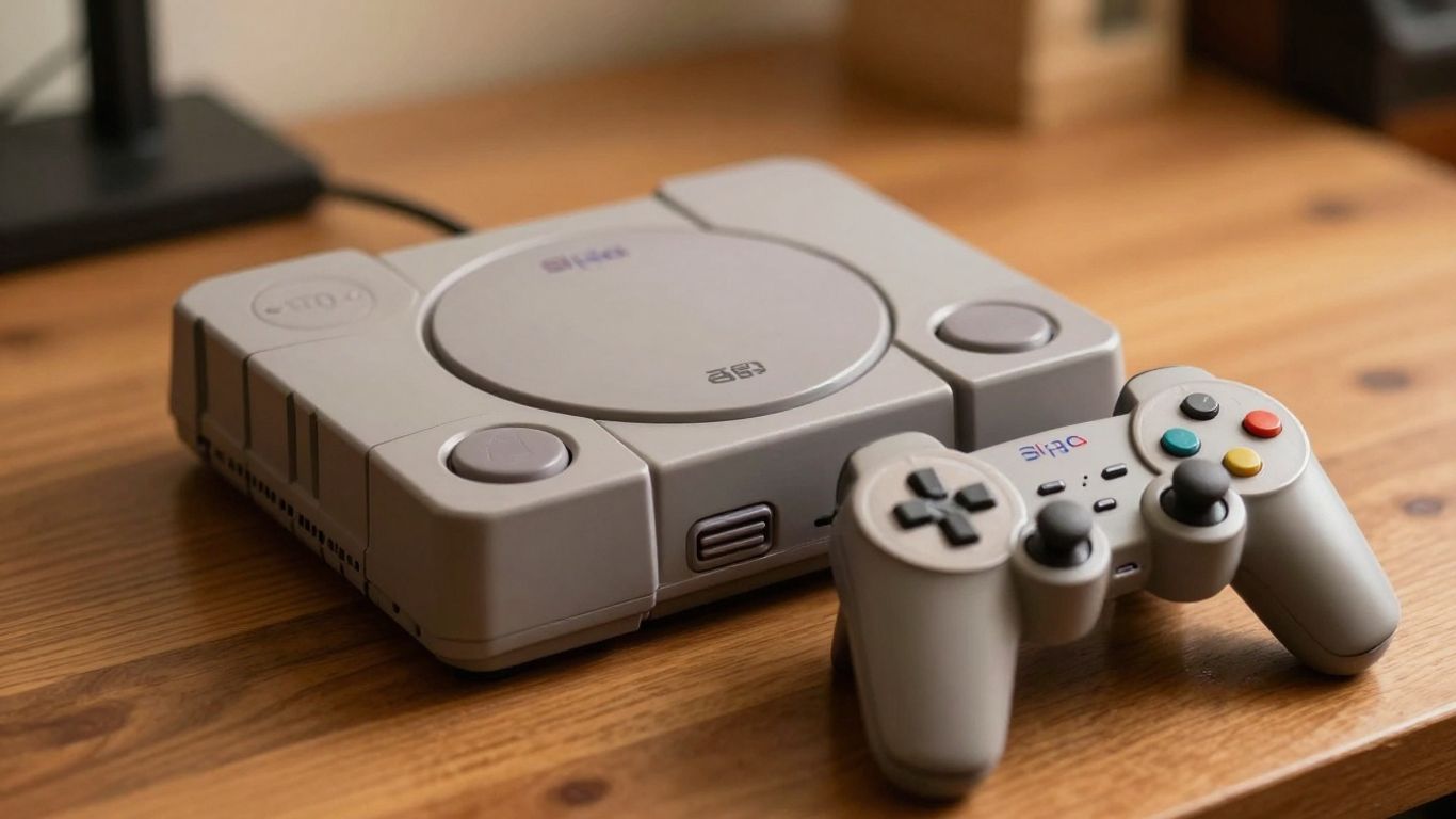 Konzola PlayStation 1 sa kontrolerom, retro stil.