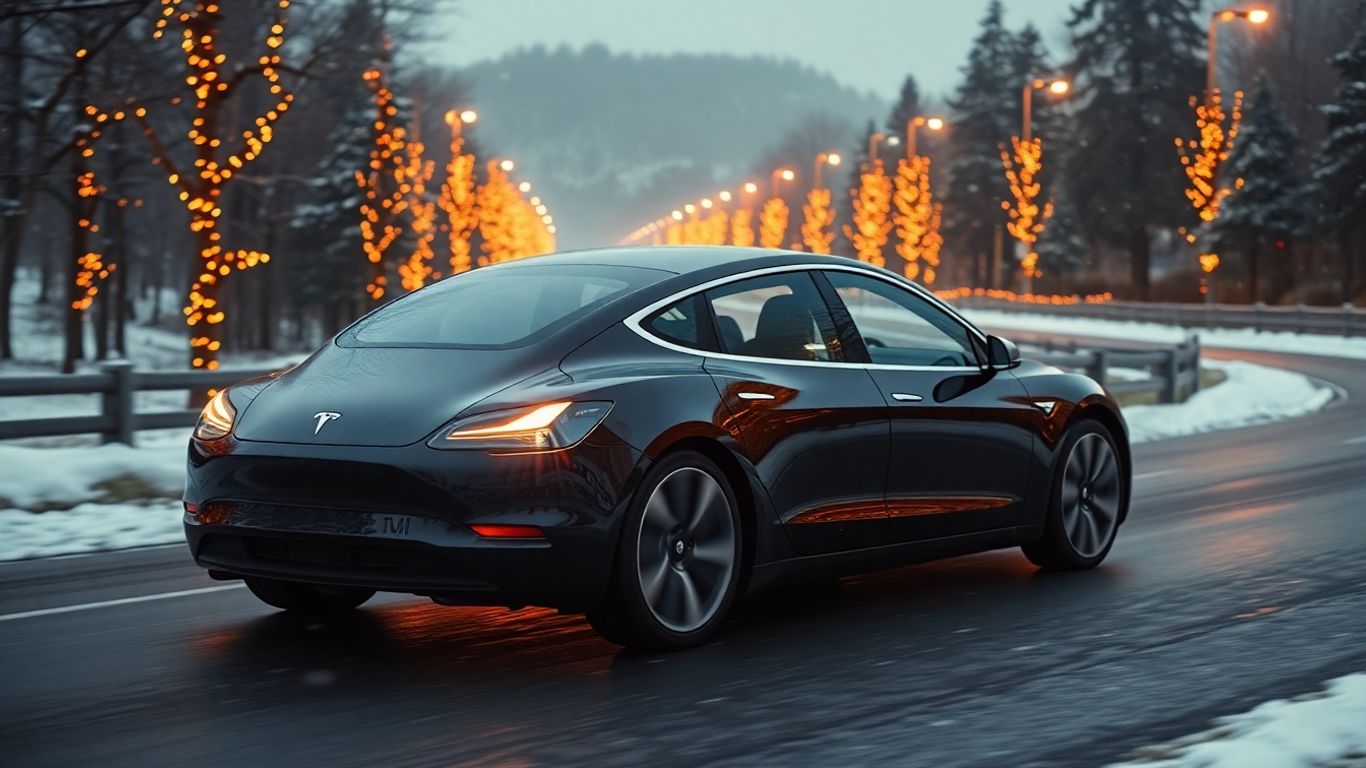 Tesla car with holiday lights, driving on snowy road.