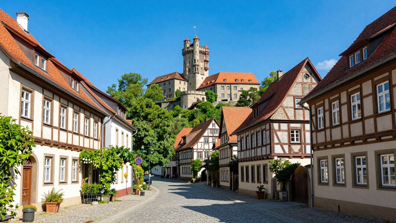 Historische Fachwerkhäuser und Schloss Wernigerode im Sonnenschein.