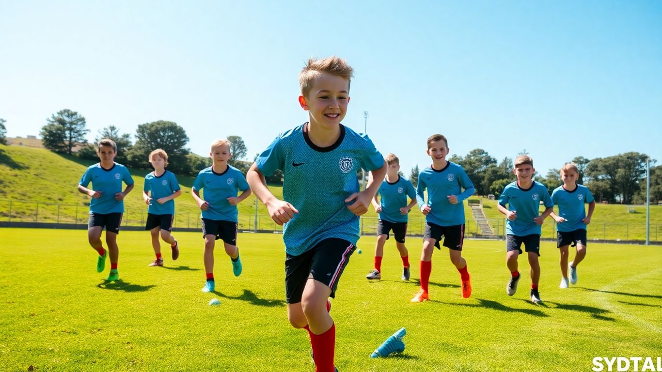 Young footballers training on a sunny Sydney pitch.