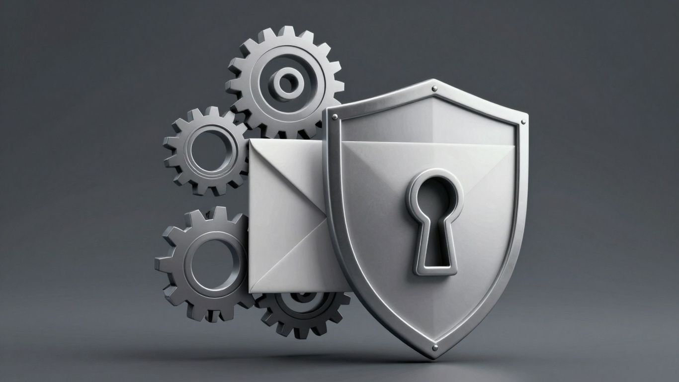 Email security shield with interlocking gears and keyhole.
