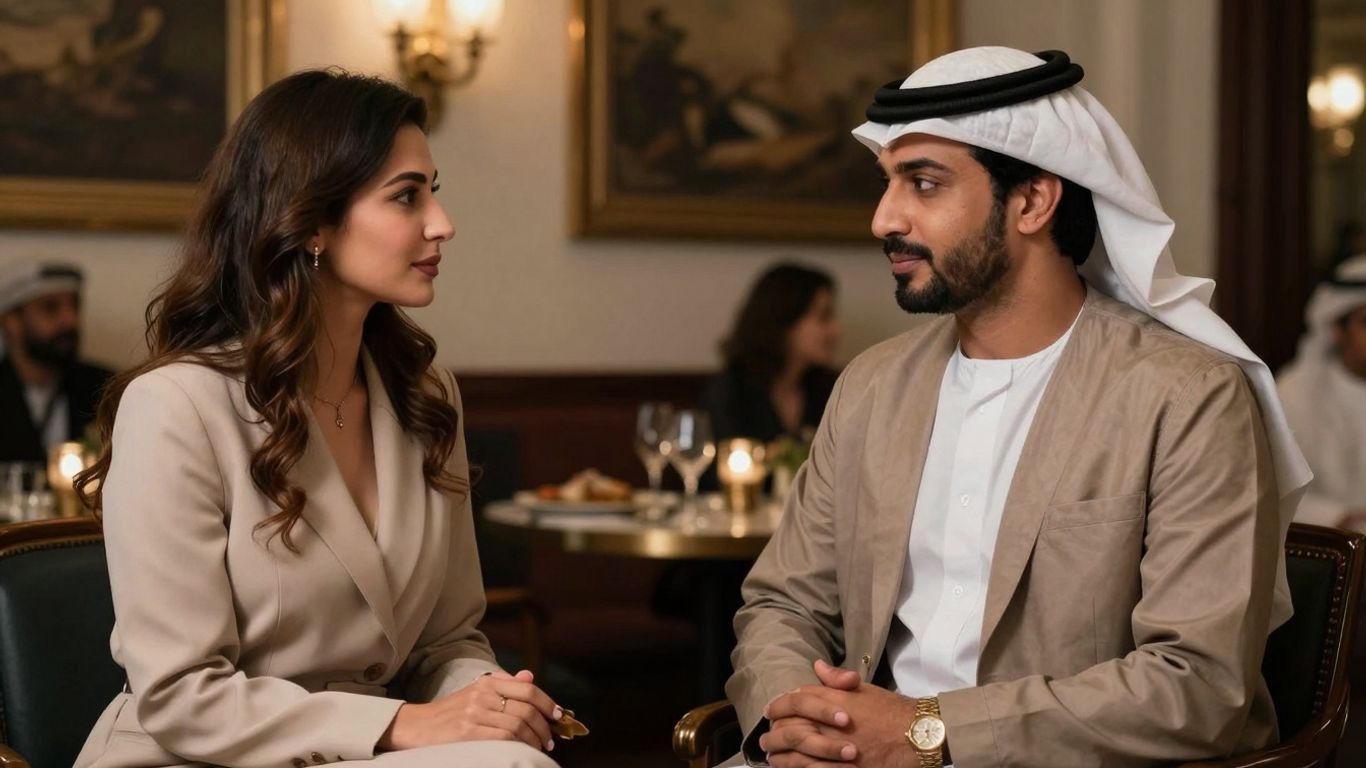 Oameni discutând elegant la un eveniment social rafinat.