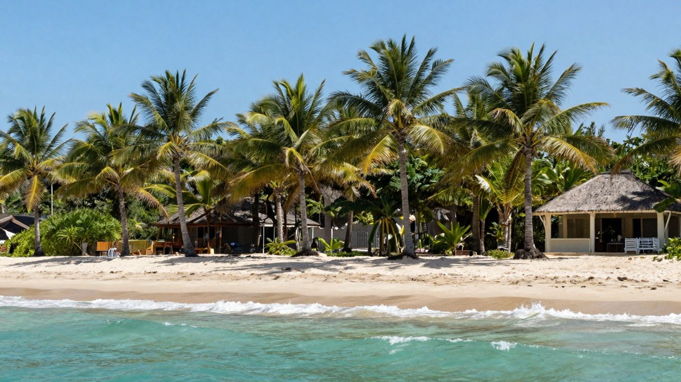 Beachfront wedding venue with palm trees and ocean waves.