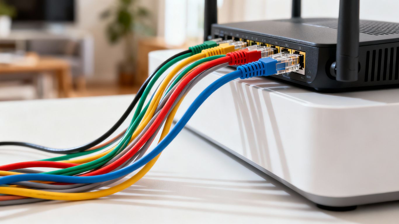 Ethernet cables connecting to a network device.