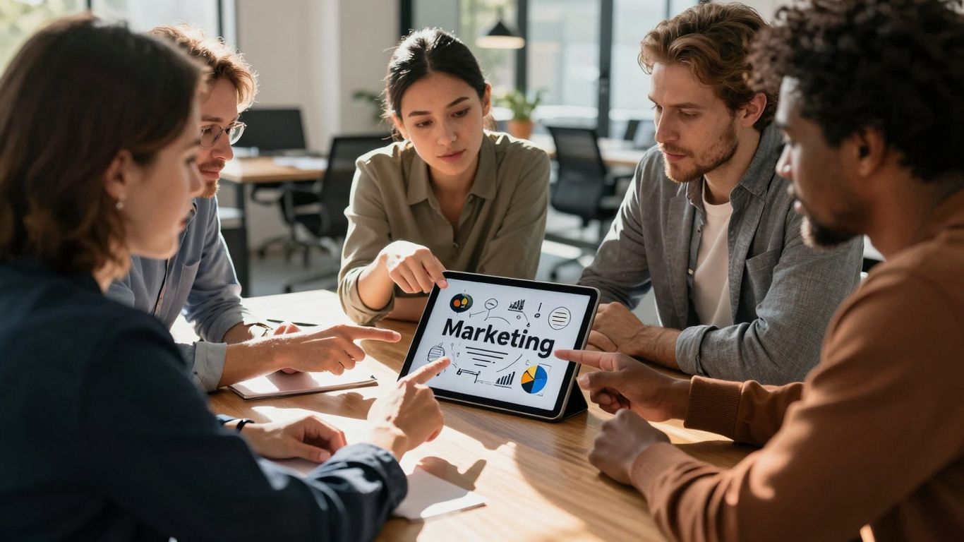 Business professionals discussing digital marketing strategy.