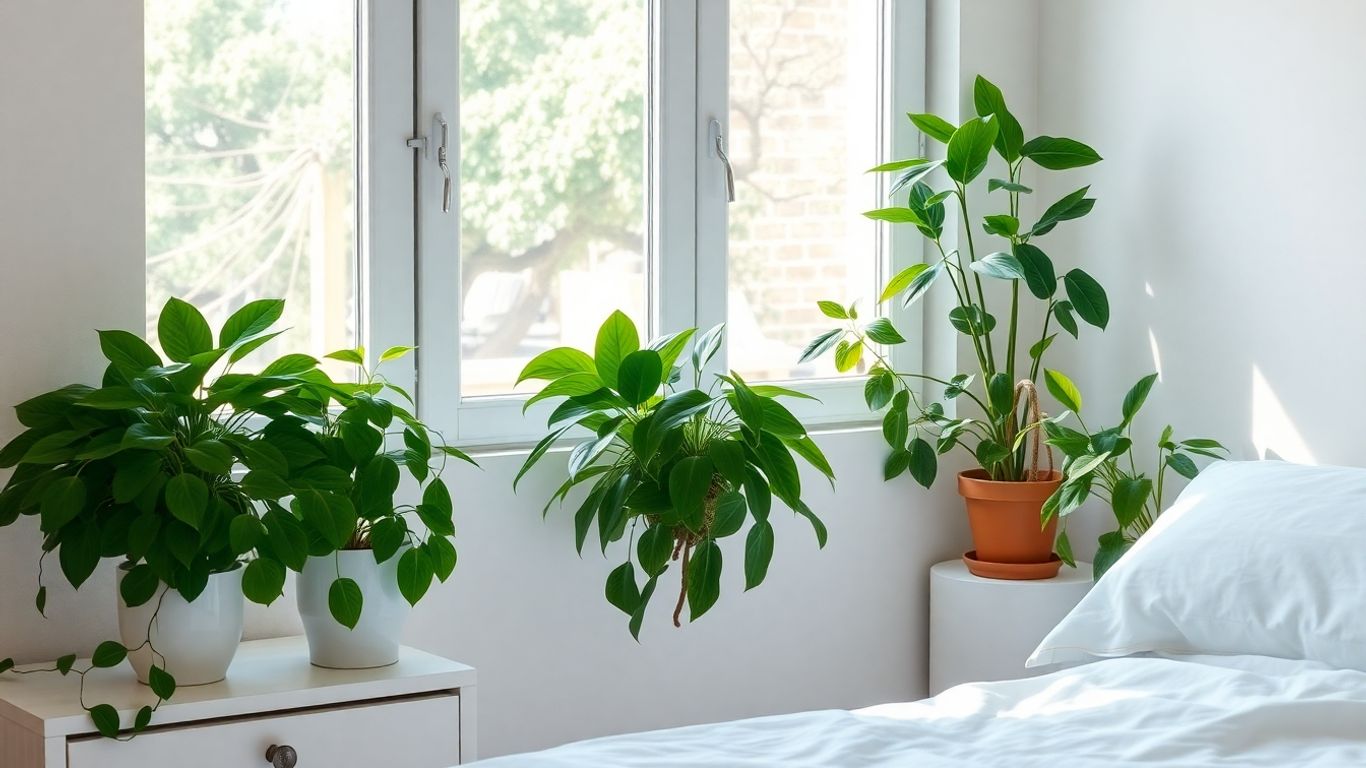 Plantas verdes em um quarto iluminado pelo sol.