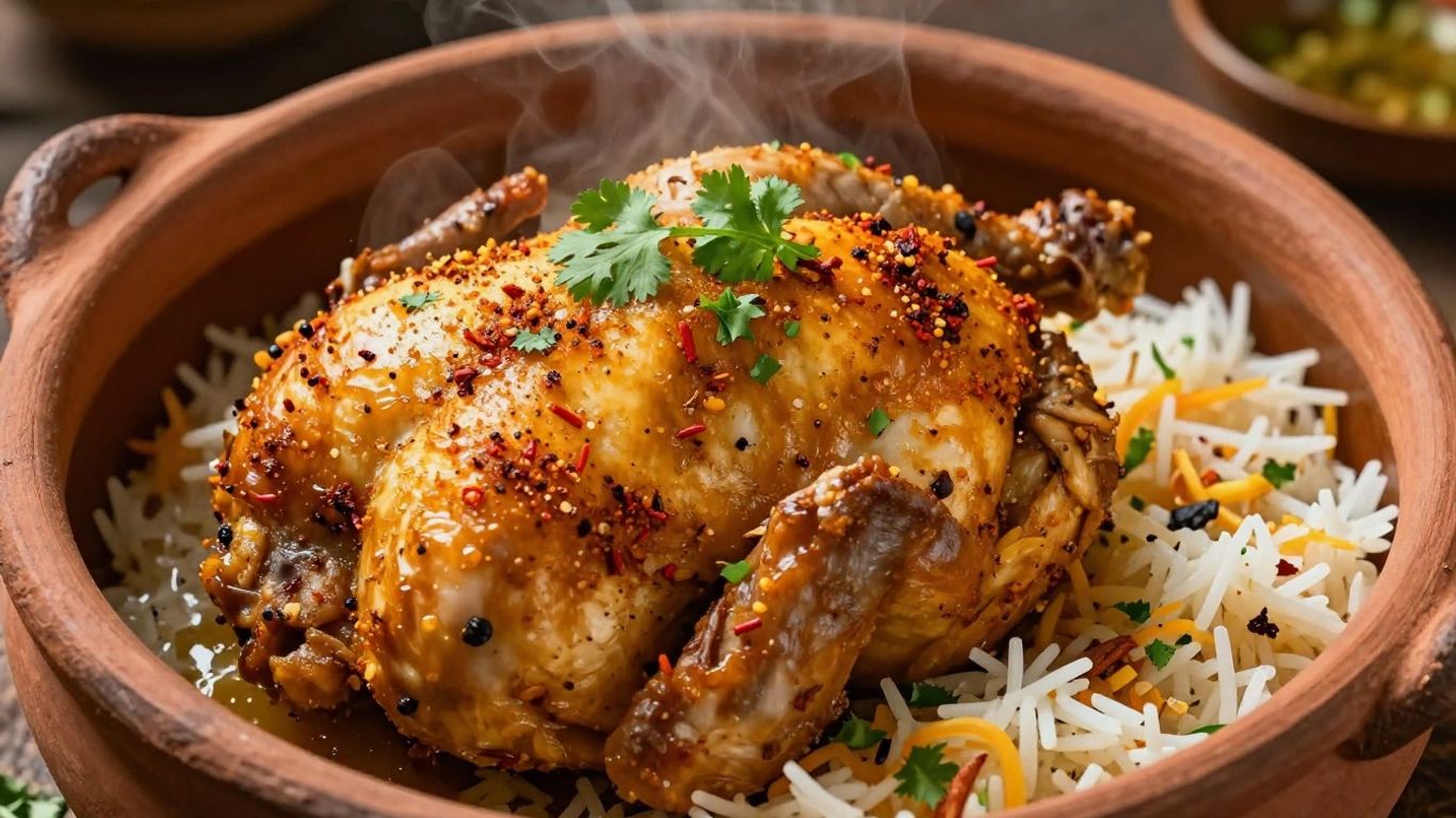 Authentic Desi chicken dish with spices and rice.