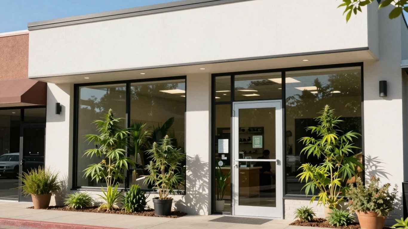 Dispensary exterior with green plants and sunlight.