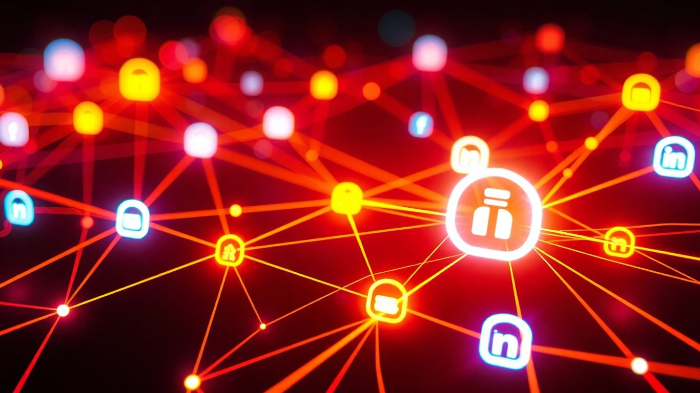 Digital network of glowing lines connecting icons.