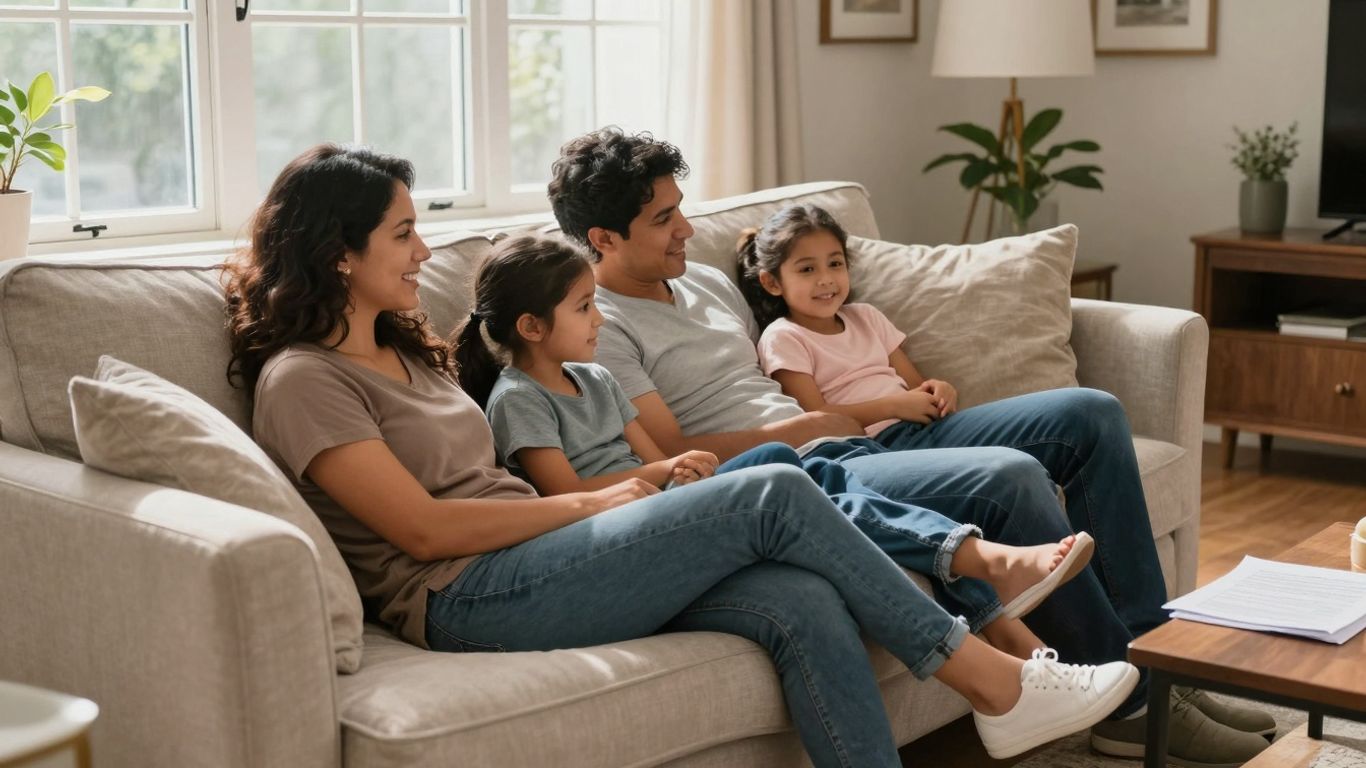 Familia relajada en casa con seguro de hogar.