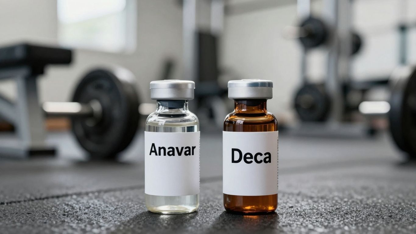 Anavar and Deca vials in a gym setting.