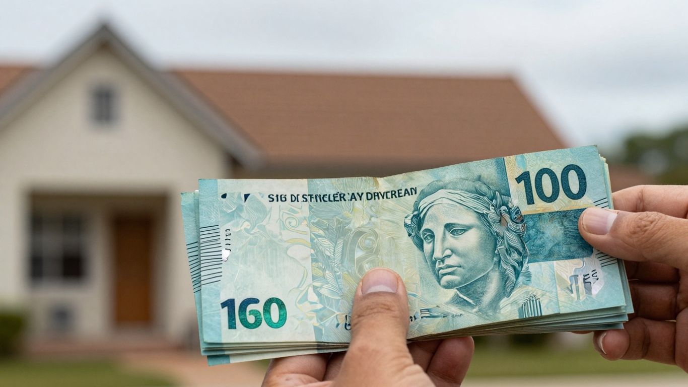 Mão segurando dinheiro com casa ao fundo.