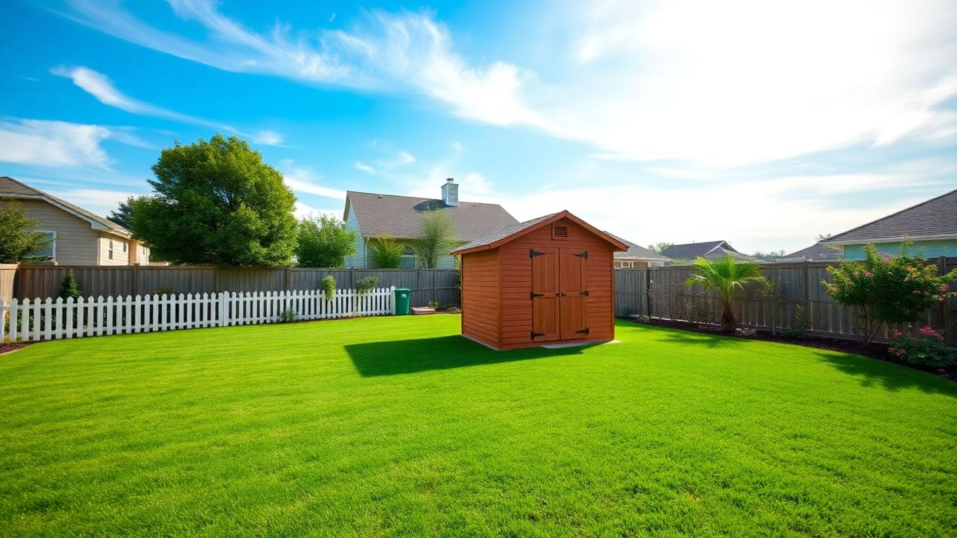 Backyard shed near lawn and fence with clear property lines
