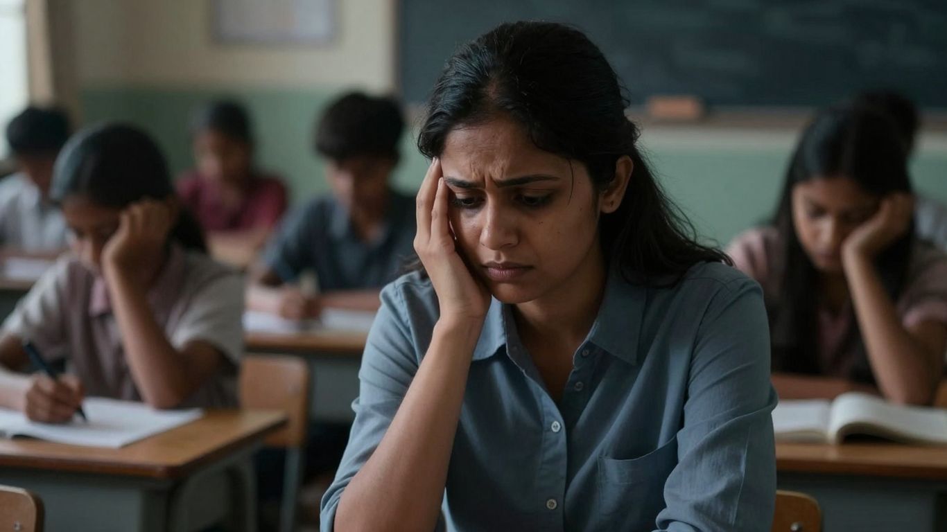 Female teacher in classroom, concerned expression.