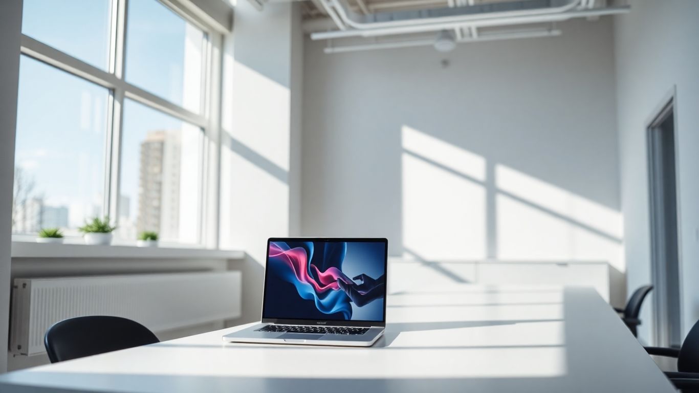Birou modern cu laptop și modele digitale abstracte.
