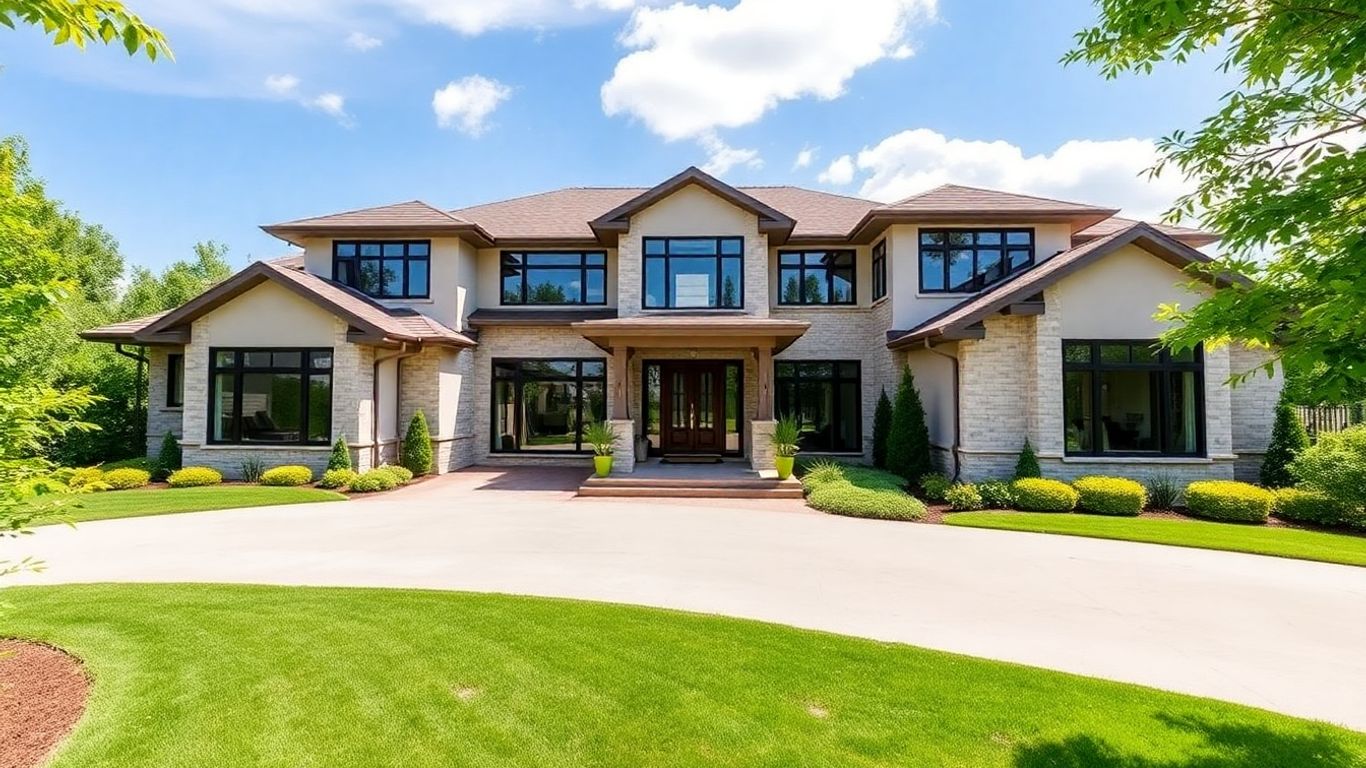 Elegant custom home exterior with landscaping.