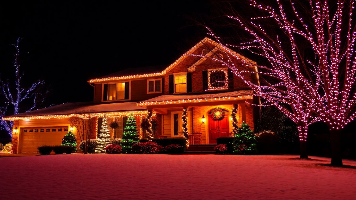 Festive house with Christmas lights glowing at night.