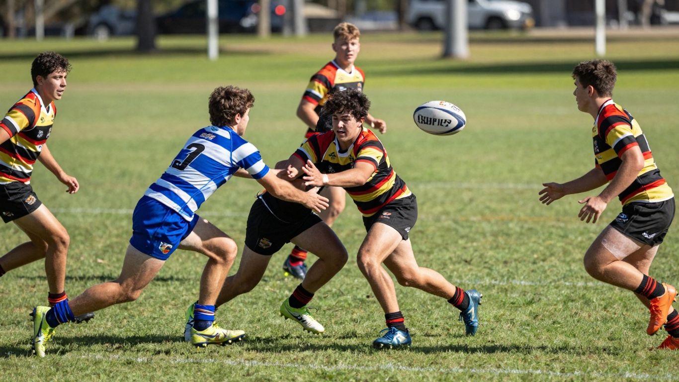 Young rugby league players competing on an Australian field.
