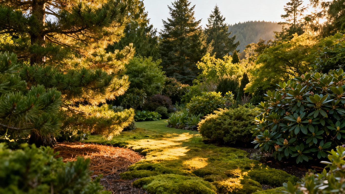 Evergreen landscape design with diverse plants.