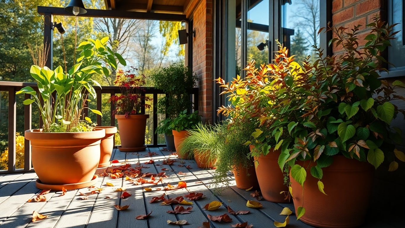 Balkon mit Pflanzen und Herbstlaub