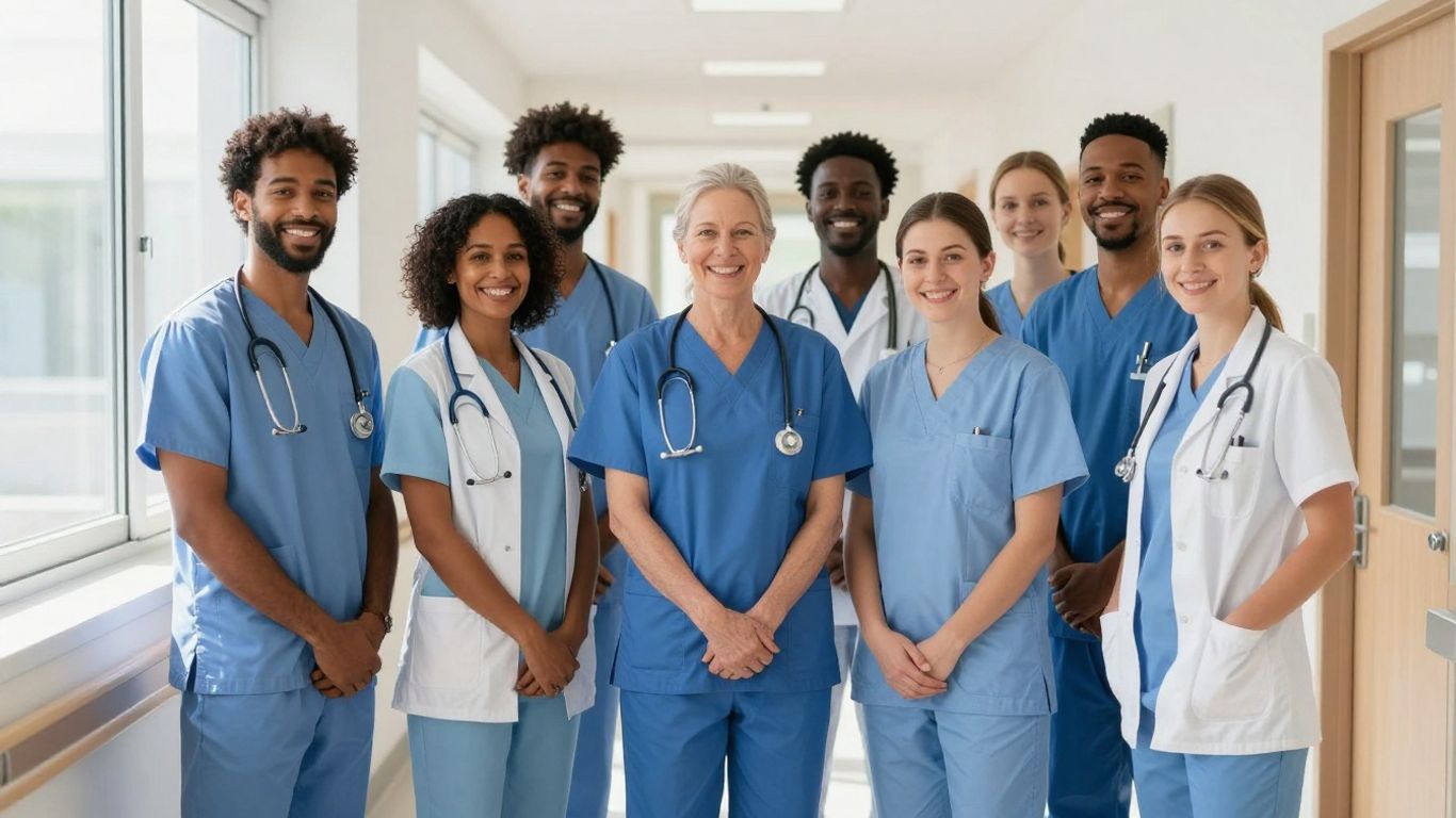 Healthcare workers smiling in a hospital hallway.