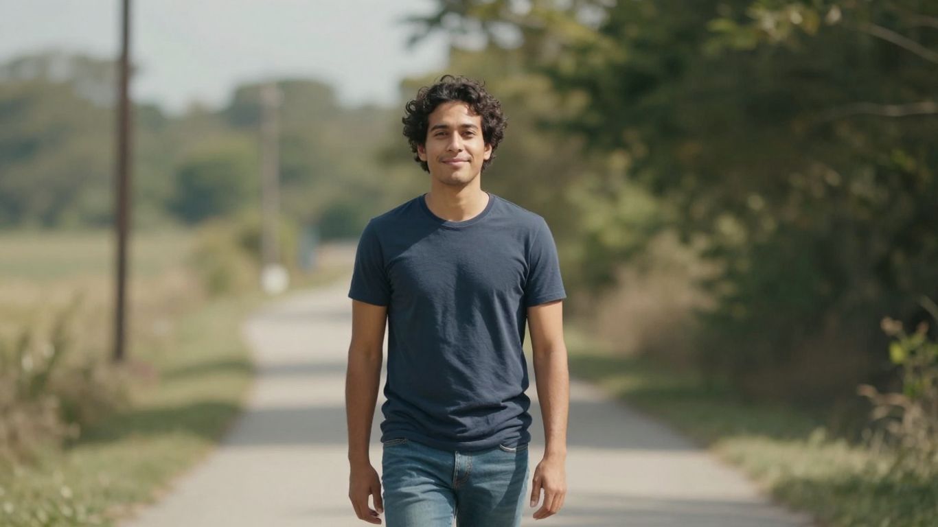 Persoană zâmbind încrezătoare pe o potecă însorită.