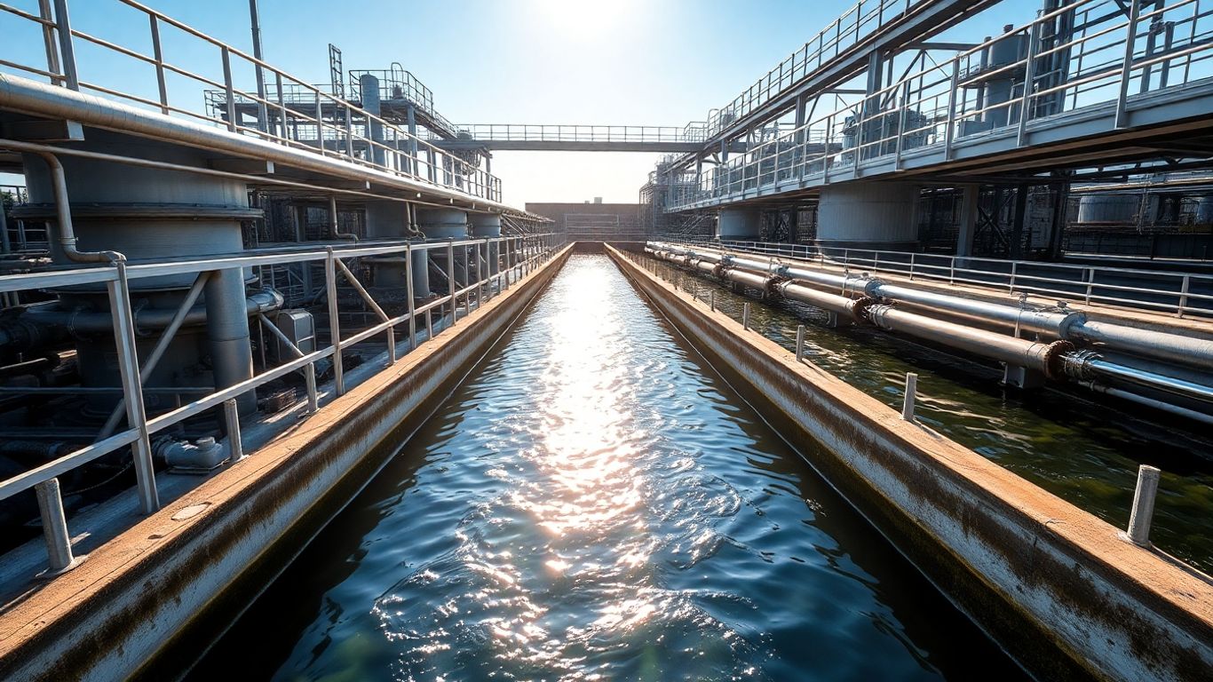 Modern wastewater treatment plant with advanced machinery and clear water.