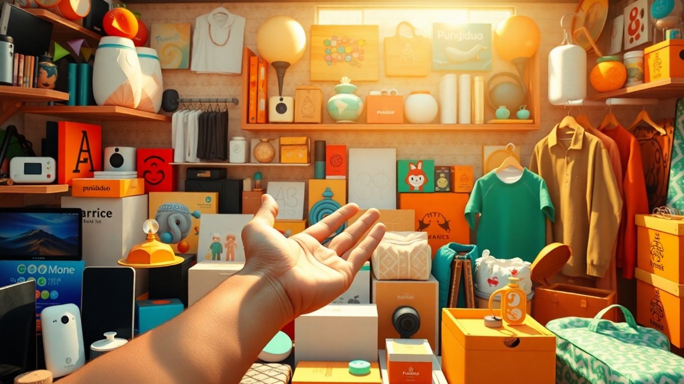 Pinduoduo products with a hand reaching for a deal.