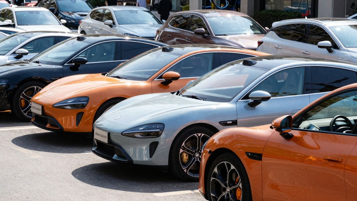 Various colorful electric cars parked on a sunny street.