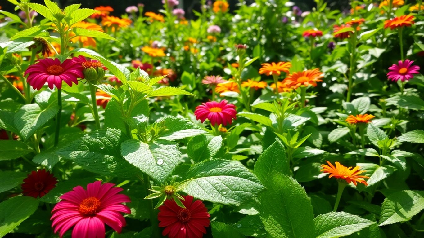 Gartenpflanzen mit Wassertropfen im Sonnenlicht