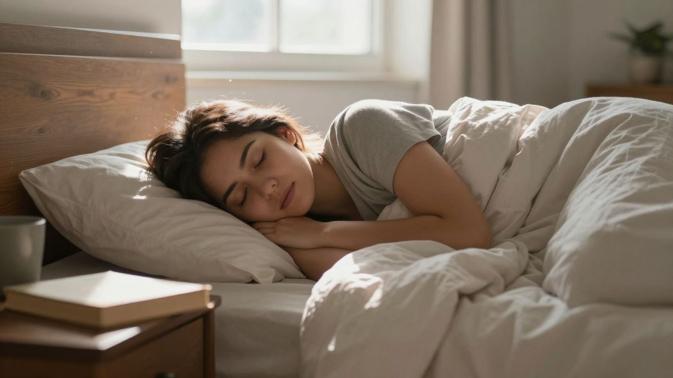 Persoană dormind liniștită într-o cameră luminoasă.