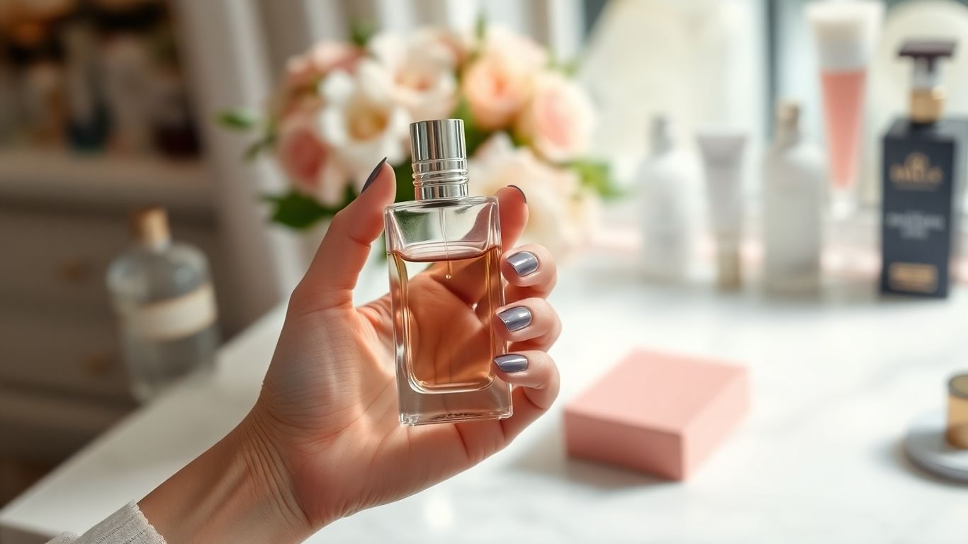 Woman holding a perfume bottle, soft focus background.