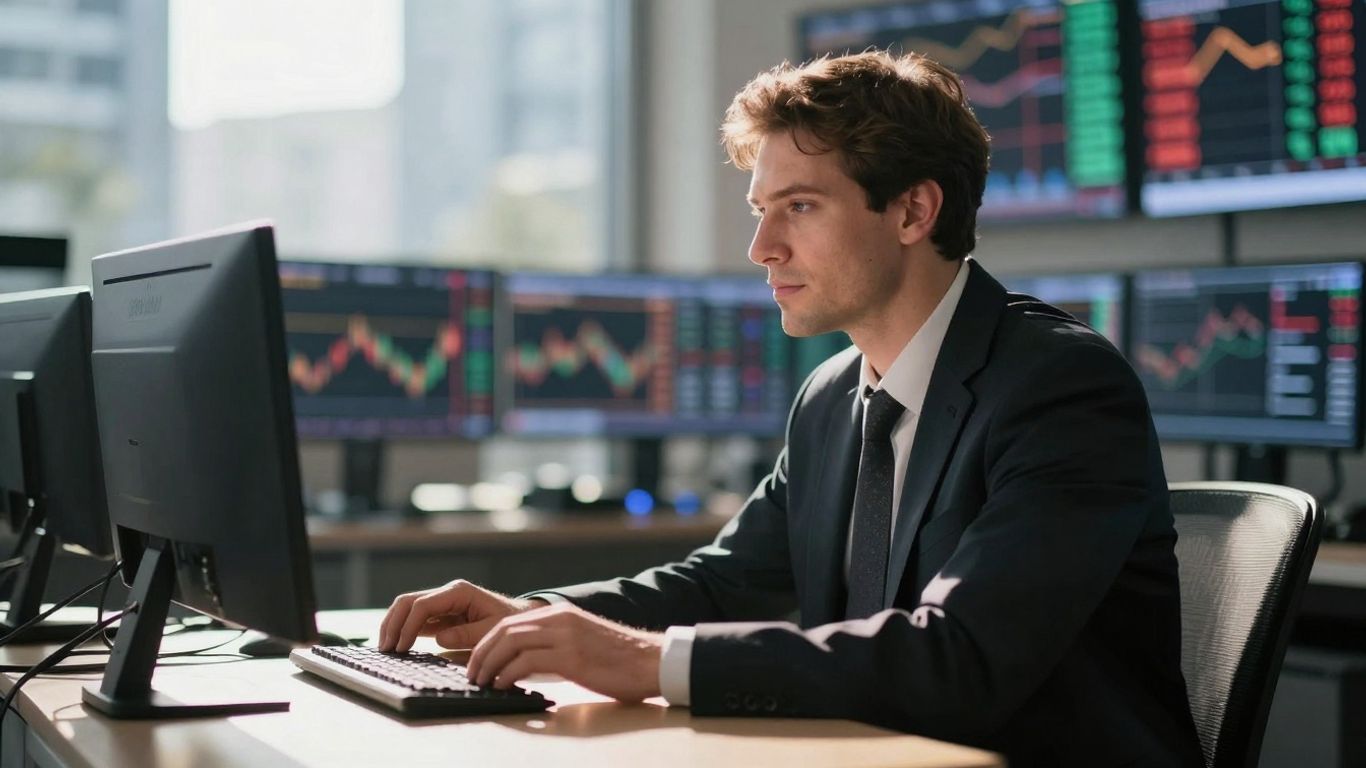 Trader focused on market dynamics, calm and determined.