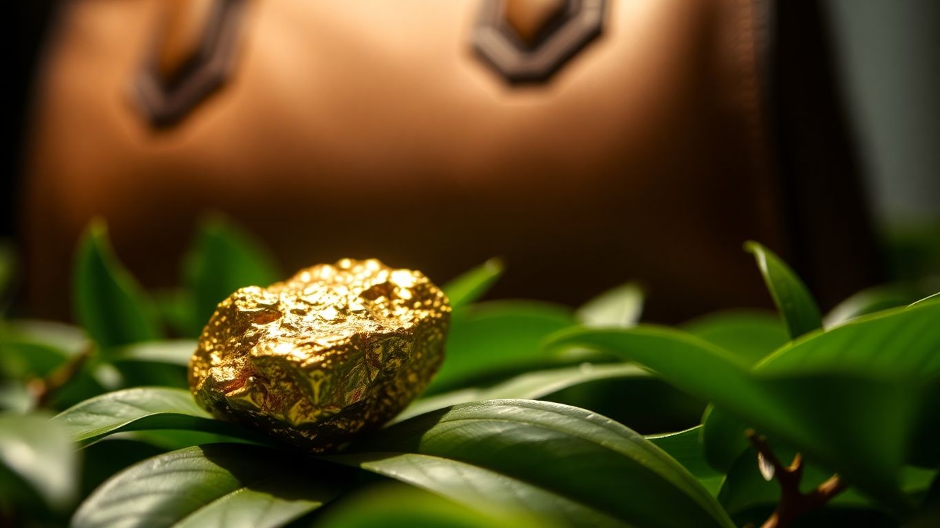 Lingot d'or éthique sur fond de feuilles vertes et sac de luxe.