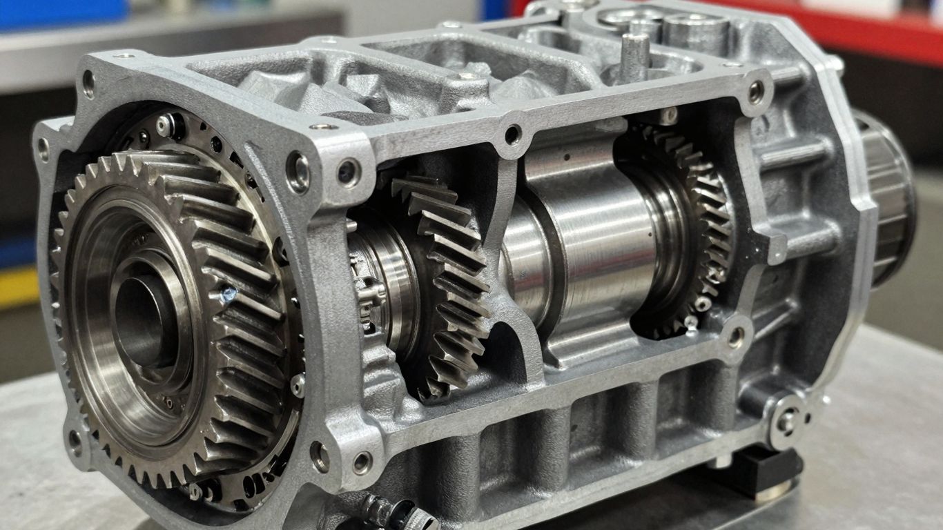 Reconditioned automotive gearbox, clean and detailed.