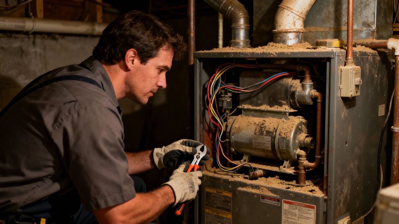 Technician checks old furnace in dimly lit basement