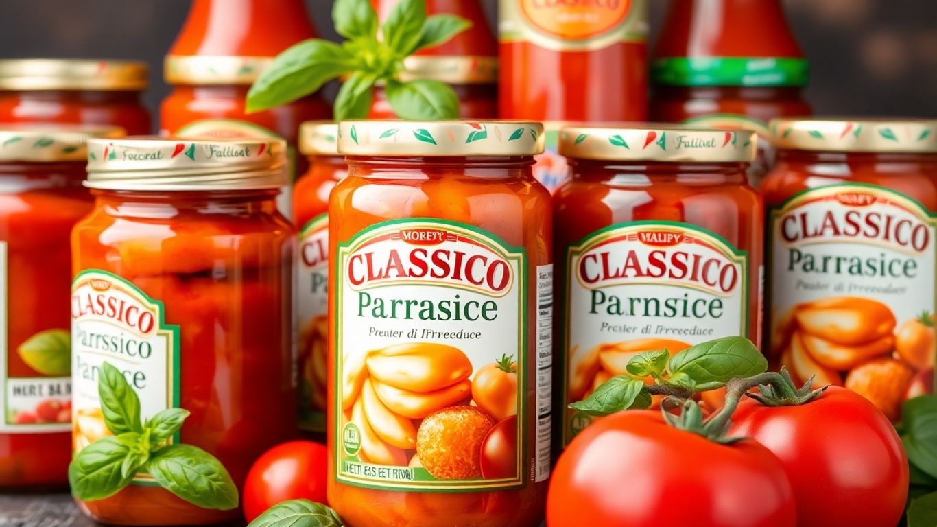 Assortment of Classico pasta sauce jars with fresh ingredients.