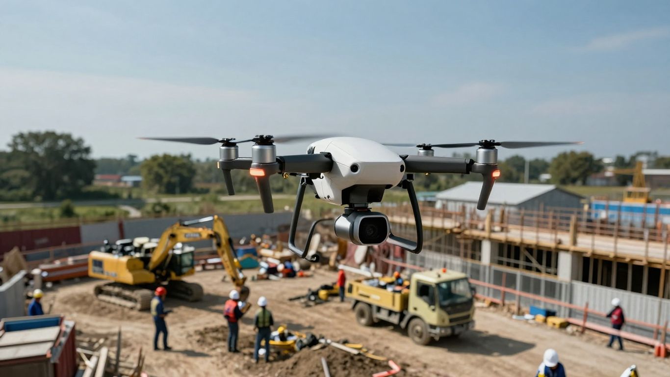 Drone flying over a construction site.