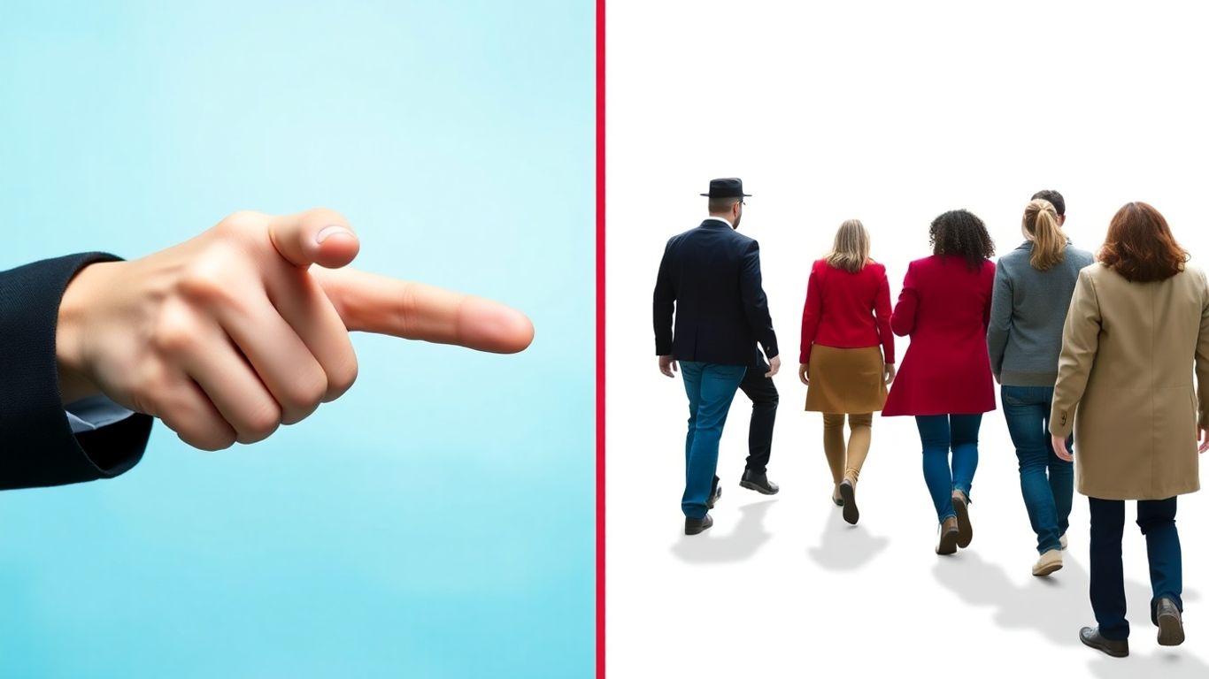 Person pointing finger, group walking away.