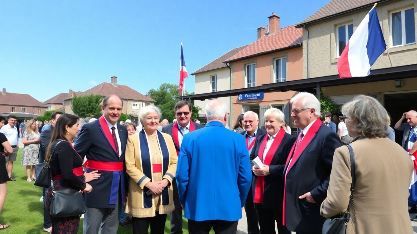 Des maires discutent avec des habitants devant une mairie.