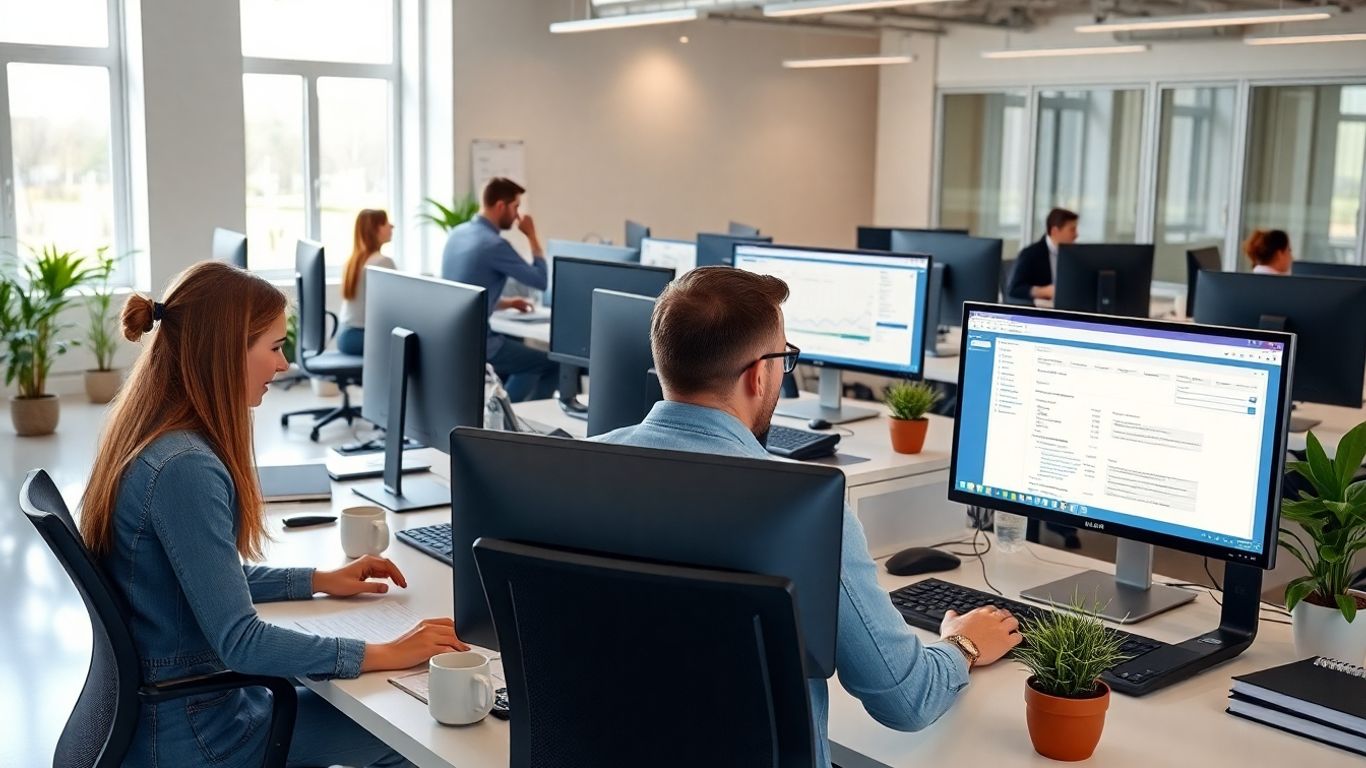 Accountants working together in a modern office workspace.