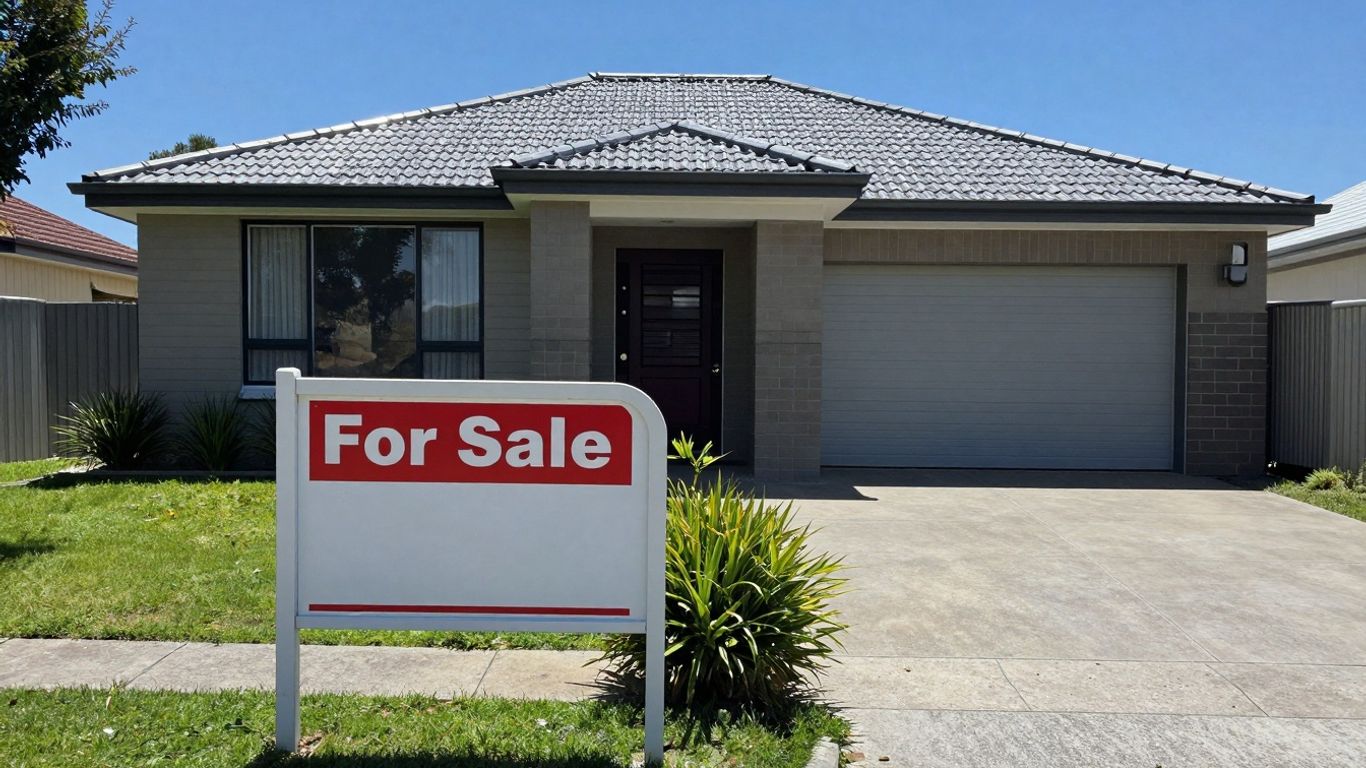 Australian house with sale sign and sunny sky.